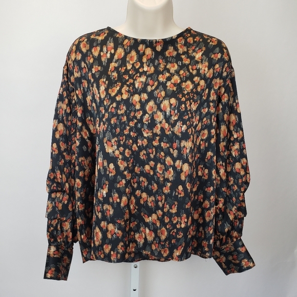 ZARA Black Brown Print Relaxed Dressy Blouse Top Size Small - Picture 1 of 10